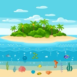 illustration of tropical island in ocean. landscape with ocean, palm trees and underwater life. travel background.