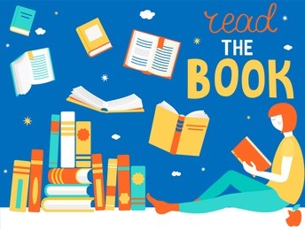 young girl is reading book. close and open books in different positions. learning and education, relaxation and enjoyment concept design. vector illustration in flat style.