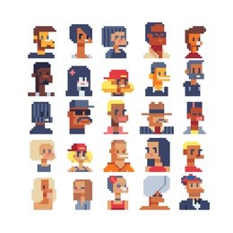 pixel art different avatar profile characters set. 80s video game sprites. various funny people characters, girls and men. male and female faces, user pic. isolated vector illustration. sticker design