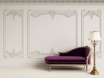 classic furniture in classic interior with copy space.white walls with mouldings and ornated cornice.digital illustration.3d rendering