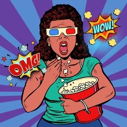 woman in 3d glasses watching a scary movie and eating popcorn. fast food in the cinema hall. pop art retro vector illustration comic cartoon vintage kitsch