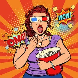 woman in 3d glasses watching a scary movie and eating popcorn. fast food in the cinema hall. pop art retro vector illustration comic cartoon vintage kitsch