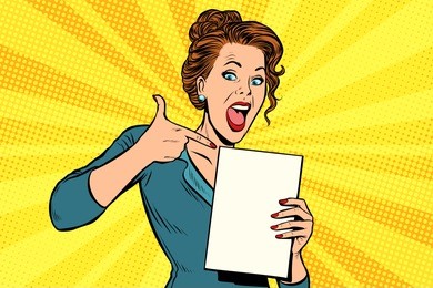 pop art woman points to a blank template. retro vector illustration comic cartoon vintage kitsch