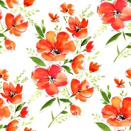 watercolor seamless pattern. magnificent gentle orange poppies flowers  and leaves on a white background.  painted with love.