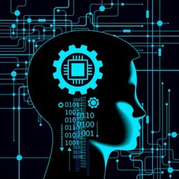 neural network. deep learning. artificial intelligence concept. robot face and building abstract background