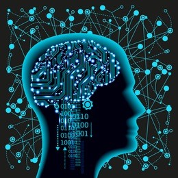 neural network. deep learning. artificial intelligence concept. robot face and building abstract background