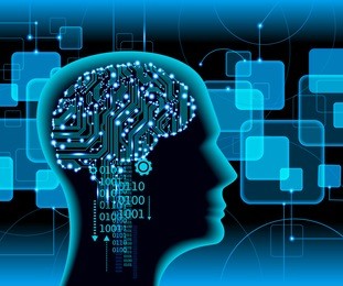 neural network. deep learning. artificial intelligence concept. robot face and building abstract background