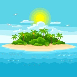 illustration of tropical island in ocean. landscape with ocean and palm trees. travel background.