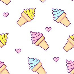 summer pattern with colored ice cream and hearts on white background. thin line flat design. vector. 