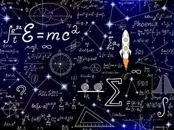 vector seamless backround with handwritten formulas, rockets, star constellations
