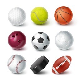 set of vector realistic popular sport balls and bowls equipment, for football, soccer, rugby, tennis, volleyball, basketball, baseball, gulf, hockey puck isolated on background
