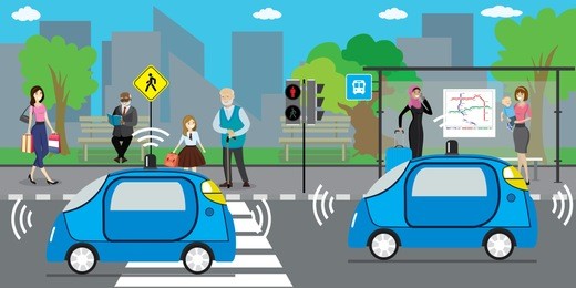 city street and selfdriving cars on road,public transport stop, people go and stand,futuristic urban life concept,outdoor flat vector illustration
