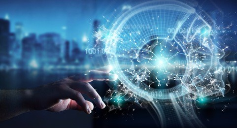 businessman on blurred background using digital artificial intelligence interface 3d rendering