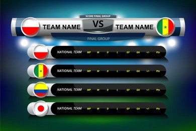 vector illustration graphic of scoreboard broadcast and lower thirds template with group table for soccer world tournament championship