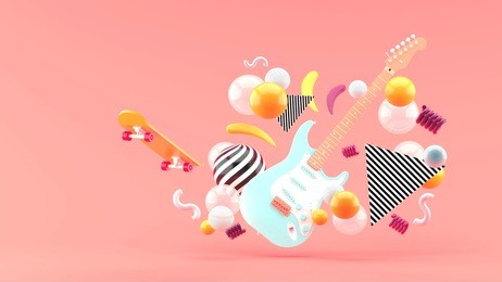 blue electric guitar amidst colorful balls on a pink background.-3d render.