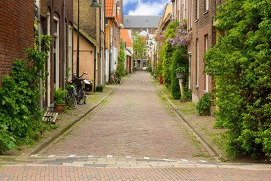 colorful street in old town  of delft, holland
