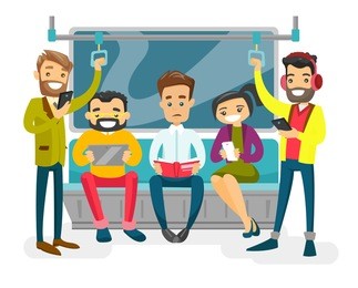 caucasian white people reading book, using smartphones and tablet computer, listenig music in headphone in the metro. group of young passengers traveling by metro. vector isolated cartoon illustration