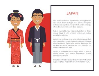 japan traditions and customs represented by japanese people, woman wearing red kimono, man in national cloth, vector international day, text in frame