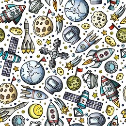 cartoon hand-drawn space, planets seamless pattern. lots of symbols, objects and elements. perfect funny vector background.