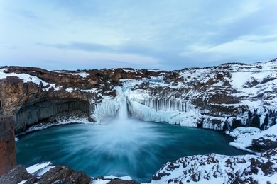 aldeyjarfoss in iceland after sunset in winter