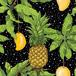 seamless pattern, background with pineapple and  mango on black background.  hand drawn colorful vector illustration without transparent and gradients.