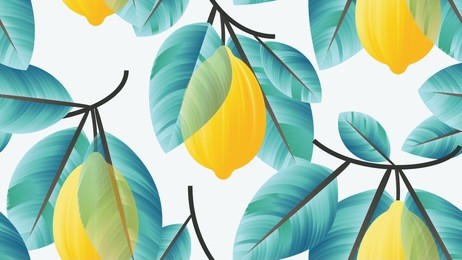 seamless pattern, lemon fruit with blue leaves on branch on light blue background