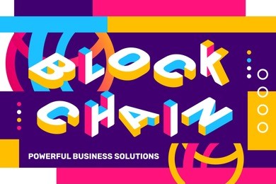 block chain concept on bright colorful background with abstract element. vector creative horizontal illustration of 3d word lettering typography with futuristic business title. isometric banner design
