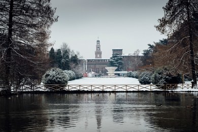 castello sforzesco, in milan, northern italy, built the 15th century by francesco sforza. captured from parco sempione.