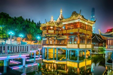 shanghai, china view at the traditional yuyuan garden in night time.