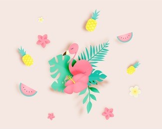 tropical floral with flamingo in paper art style and pastel color scheme background vector illustration