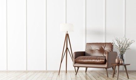 interior of living room with wooden coffee table,floor lamp and brown armchair 3d rendering