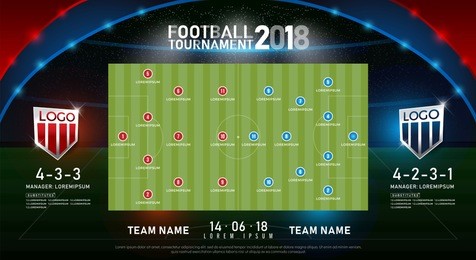 2018 world championship football on stadium  background. soccer scoreboard match vs strategy substitutes broadcast graphic template