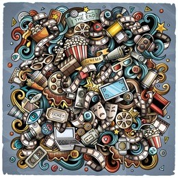 cartoon vector doodles cinema illustration. colorful, detailed, with lots of objects background. all objects separate. bright colors movie funny picture