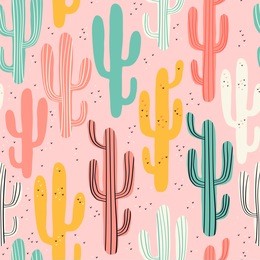 long multicolored cacti on pink background. seamless pattern with lovely cactus in vector. 