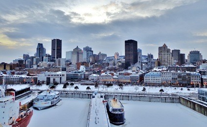 aerial view of downtown montreal in winter - montreal, canada