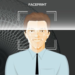 face recognition or faceprint technology scanning men's face with abstract tech background. vector illustration.