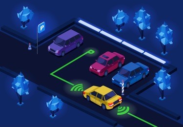 parking lot isometric 3d vector illustration of night city car parking with illumination technology. isometric cars on outdoor parking with smart navigation light control and direction marking