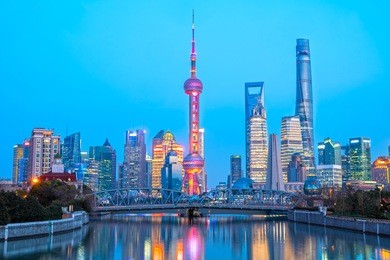 shanghai city skyline, view of the skyscrapers of pudong and waibaidu bridge from huangpu river. china.