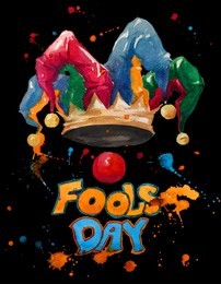 watercolour painting of joker hat with fools day text on black background