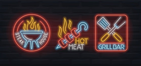 neon signs of barbecue, grill bar and steak house