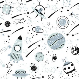baby seamless pattern - space, spaceships and planets with stars. trendy kids vector background.