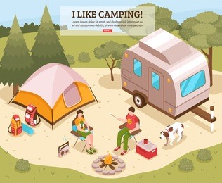 family summer vacation hiking camping site isometric webpage design with tent open fire tourists backpacks vector illustration   