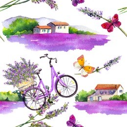 lavender flowers, butterflies, bicycle, lavender fields with rural provencal farm houses in provence, france. watercolor