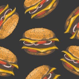 
seamless pattern with hand drawn burgers. vector fast food background. design for menu, advertising and banners. sketch. pattern can be used for wallpaper, web page background, surface textures.
