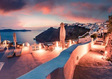 fabulous evening view of santorini island. splendid spring sunset on famous greek resort fira, greece, europe. traveling concept background. artistic style post processed photo.