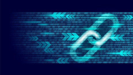 blockchain hyperlink symbol on binary code number big data flow information. cryptocurrency finance business concept vector illustration background template