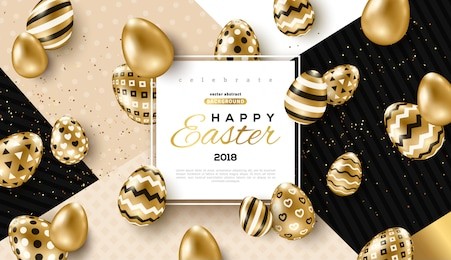 easter card with square frame, gold ornate eggs and confetti on colorful modern geometric background. vector illustration. place for your text.