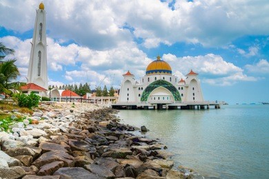 malacca straits mosque, a mosque located on the man-made malacca island near malacca town, malaysia