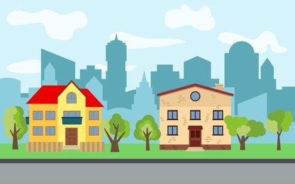 vector city with two two-story cartoon houses and green trees in