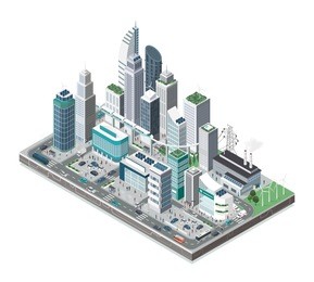 smart city with skyscrapers, people and transport on white background, innovation and urban technology concept